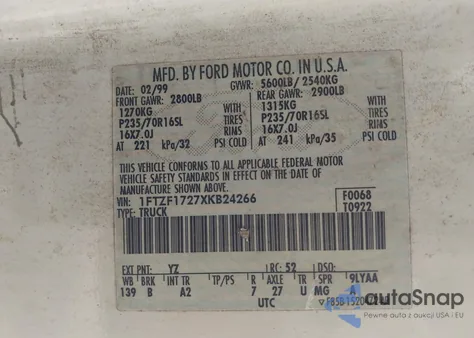 1999 Ford F-150 Work Series/Xl/Xlt из США, поврежденный, VIN 1FTZF1727XKB24266